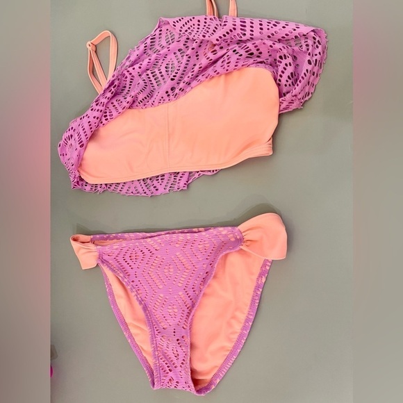 Arizona Swim Bikini Crochet Flounce Orange Purple Overlay Top Large, Bottom Med - Picture 7 of 8